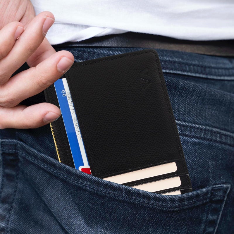 Valentoria Slim RFID Blocking Card Holder Small Pocket Wallet Keychian Zipper Coin Purse Minimalist Leather Cash & Coin & Cards Case for Women Men (Black) - Image 4